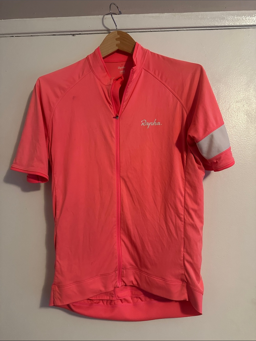 Rapha Neon Coral Cycling Jersey with Light Gray Sleeve Band